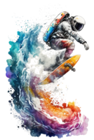 astronauts surf on a surfboard in space with stars watercolor painting, planets, PNG transparent background, .