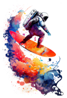 Astronauten Surfen auf ein Surfbrett im Raum mit Sterne Aquarell malen, Planeten, png transparent Hintergrund, generativ ai.