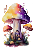 la magie champignon dans le forêt avec coloré, champignon loger, la magie champignon aquarelle, génératif ai png