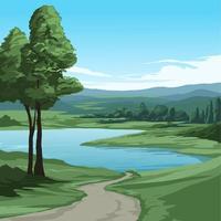 Vector nature landscape with road, lake and mountain