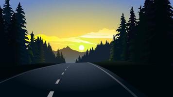Scenic sunset over pine forest with road vector