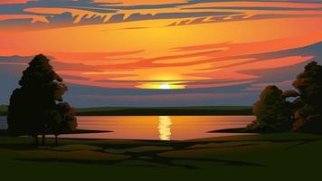 Vector sunset illustration. Beautiful orange sky over a lake with trees in the lakesid