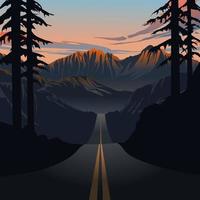 Mountain forest road landscape illustration. Scenic mountain sunset vector