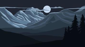Nighttime in mountain with full moon. Vector flat nature landscape