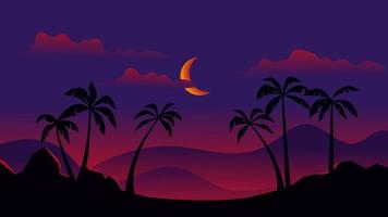 Tropical forest night landscape illustration with crescent moon vector