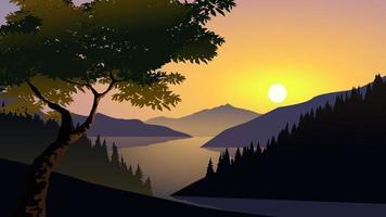 Vector illustration of beautiful sunset with lake and mountains. Lake panorama from a top of hil