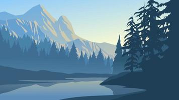 Beautiful mountain forest in foggy morning. Vector nature landscape