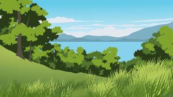 Vector nature scenery with forest and view view of lake