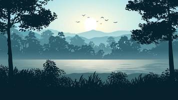 Forest sunrise landscape with a river and mountain in background vector