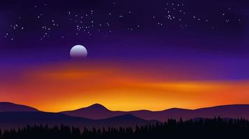 montaña tarde puesta de sol ilustración. vibrante vistoso cielo terminado montaña rango con salida de la luna y estrellas vector
