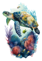 Watercolor of sea turtle, turtle swimming underwater in the ocean, png