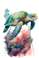 Watercolor of sea turtle, turtle swimming underwater in the ocean, png