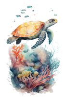 Watercolor of sea turtle, turtle swimming underwater in the ocean, png