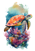 Watercolor of sea turtle, turtle swimming underwater in the ocean, png