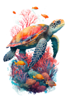 acuarela de mar tortuga, Tortuga nadando submarino en el océano, generativo ai png