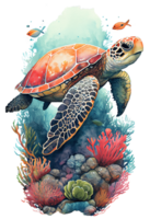 Watercolor of sea turtle, turtle swimming underwater in the ocean, png