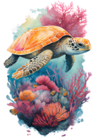 Watercolor of sea turtle, turtle swimming underwater in the ocean, png