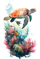 Aquarell von Meer Schildkröte, Schildkröte Schwimmen unter Wasser im das Ozean, generativ ai png