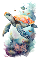 Watercolor of sea turtle, turtle swimming underwater in the ocean, png