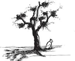 Sketch of a dog sitting under the tree vector