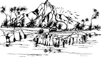 Sketch of mountain landscape, hand drawn sketch vector