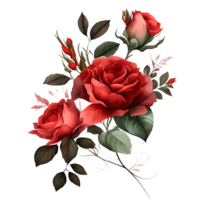 Watercolor floral bouquet composition with red roses, png transparent background, .