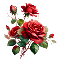 Watercolor floral bouquet composition with red roses, png transparent background, generative ai.
