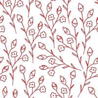 Red contour of twigs, wildflowers on a white background. Simple gentle floral doodle vector seamless pattern. For prints of fabric, textile products, clothing, packaging, wallpaper.