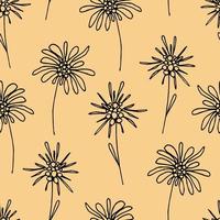 Simple hand-drawn vector seamless floral pattern. Doodle flowers black outline on a beige background. For the design of fabric, wallpaper, bedding, clothes.