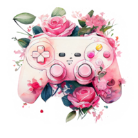 vattenfärg spel kontrollant med rosa blomma, rosa joystick innehav blommor, lady gamer begrepp, generativ ai. png