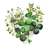 Shamrock leaves in the heart shape, St Patrick's day, Watercolor clover leaves, watercolor spring background, png