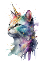 waterverf caticorn, miauwend, eenhoorn kat png, waterverf kat png, eenhoorn png, generatief ai png