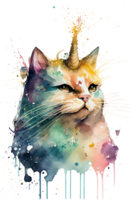 waterverf caticorn, miauwend, eenhoorn kat png, waterverf kat png, eenhoorn png, generatief ai png