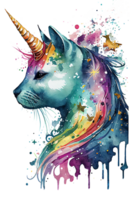 waterverf caticorn, miauwend, eenhoorn kat png, waterverf kat png, eenhoorn png, generatief ai png