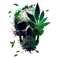 cráneo cabeza con canabis hojas, verde cráneo. mal esqueleto cabeza, marijuana cráneo, generativo ai. png