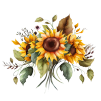 Aquarell Blumen- Strauß Komposition mit Sonnenblume, png transparent Hintergrund, generativ ai.