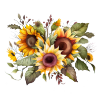 Aquarell Blumen- Strauß Komposition mit Sonnenblume, png transparent Hintergrund, generativ ai.