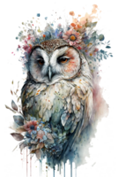 aquarelle boho fleur hibou, aquarelle hibou avec fleurs, la magie le réalisme, rêveur, pays des merveilles, génératif ai. png