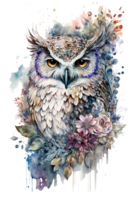Watercolor Boho Flower Owl, Watercolor owl with flowers, Magic Realism, Dreamy, Wonderland, . png