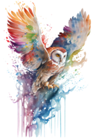 aquarelle La peinture de une écoulement hibou oiseau en volant vers le haut sur une transparent arrière-plan, png, génératif ai png