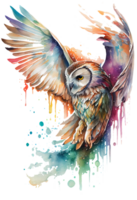 aquarelle La peinture de une écoulement hibou oiseau en volant vers le haut sur une transparent arrière-plan, png, génératif ai png