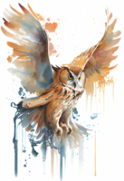 Aquarell Gemälde von ein fließend Eule Vogel fliegend nach oben auf ein transparent Hintergrund, png, generativ ai png