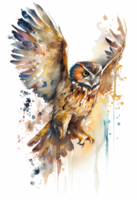 acuarela pintura de un fluido búho pájaro volador hacia arriba en un transparente fondo, png, generativo ai png