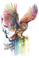 Aquarell Gemälde von ein fließend Eule Vogel fliegend nach oben auf ein transparent Hintergrund, png, generativ ai png