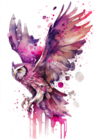 Aquarell Gemälde von ein fließend Eule Vogel fliegend nach oben auf ein transparent Hintergrund, png, generativ ai png