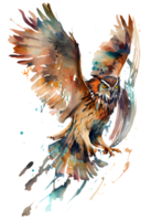 Aquarell Gemälde von ein fließend Eule Vogel fliegend nach oben auf ein transparent Hintergrund, png, generativ ai png