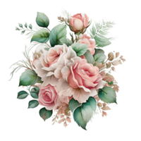 Watercolor floral bouquet composition with roses, png transparent background, .