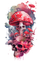 acuarela floral seta cráneo con eslogan, psicodélico hongos y calaveras, generativo ai. png