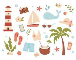 un conjunto de verano cosas y playa accesorios. dibujos animados vector ilustración. playa conjunto