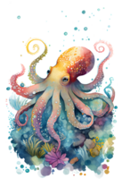 Watercolor of octopus, octopus swimming underwater in the ocean, png